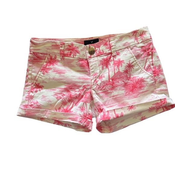 American Eagle Outfitters Pants - American Eagle Pink Tropical Print Jean Shorts